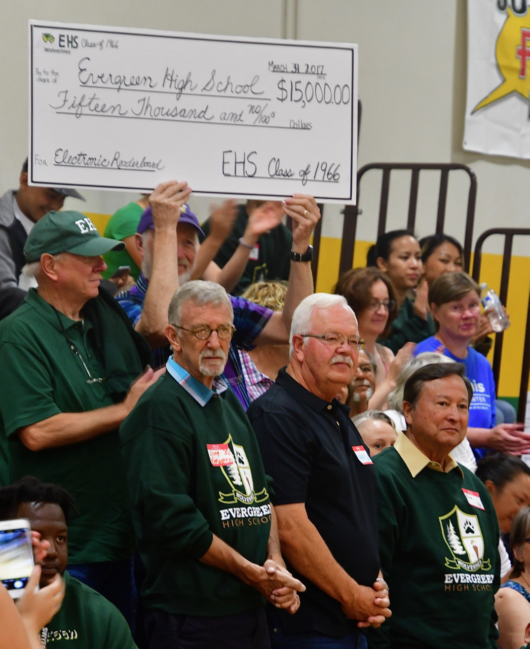 The Class of 1966 was there to present a check for $15,000 to buy a new readerboard. Photo by Patrick Robinson