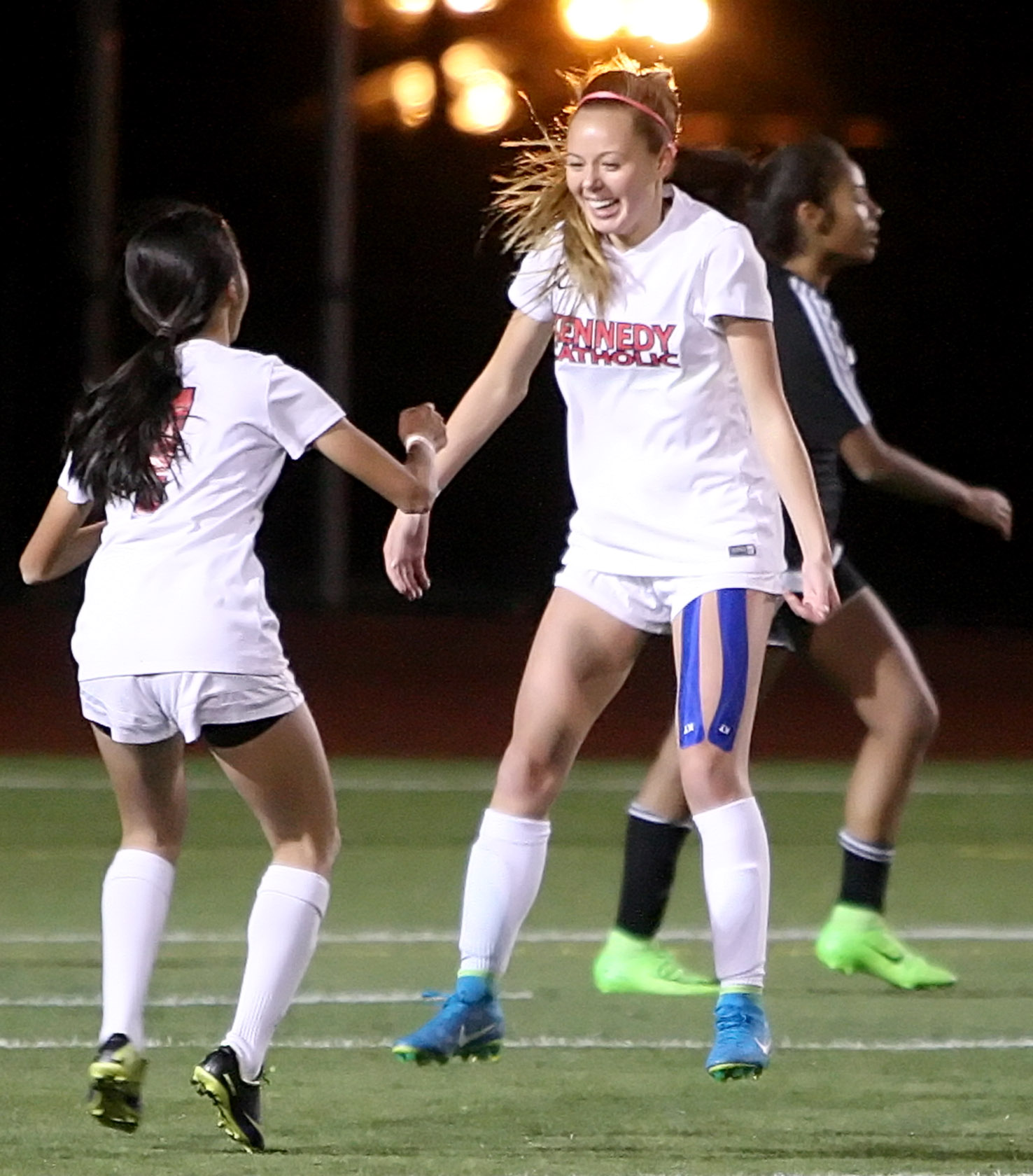 Bailey Hall (right) of Kennedy Catholic is all smiles after scoring the only goal in the game.