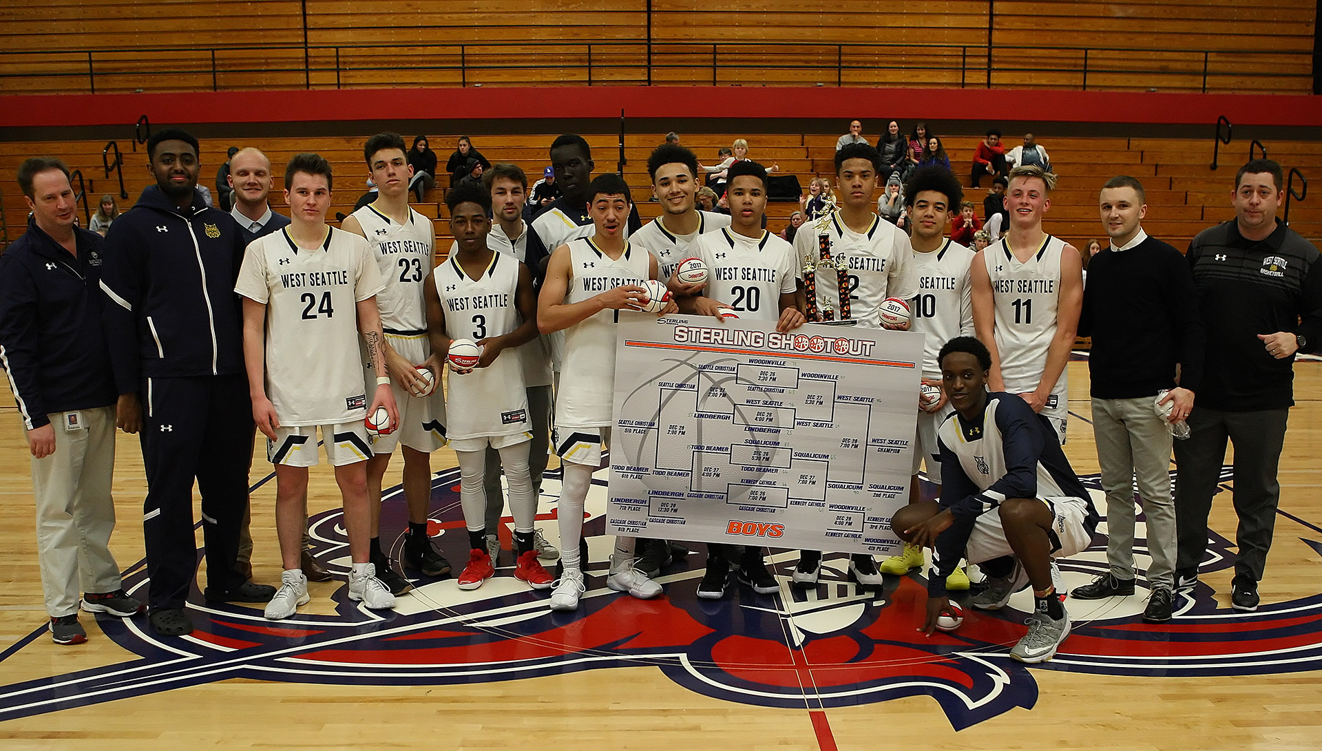 A team photo of the West Seattle Wildcats, winners at the Sterling Christmas Shootout tournament at Kennedy Catholic High School.