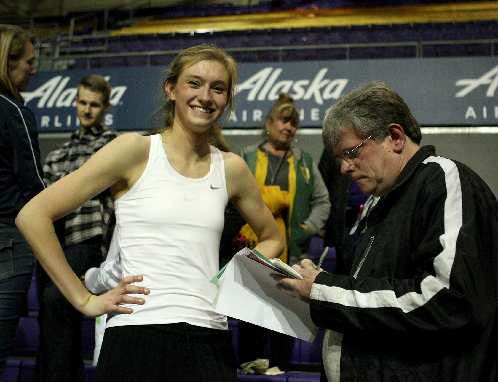 Lydia Giomi of Oregon is all smiles after the win as she is interviewed by Westside Seattle's Sports Editor Tim Clinton.