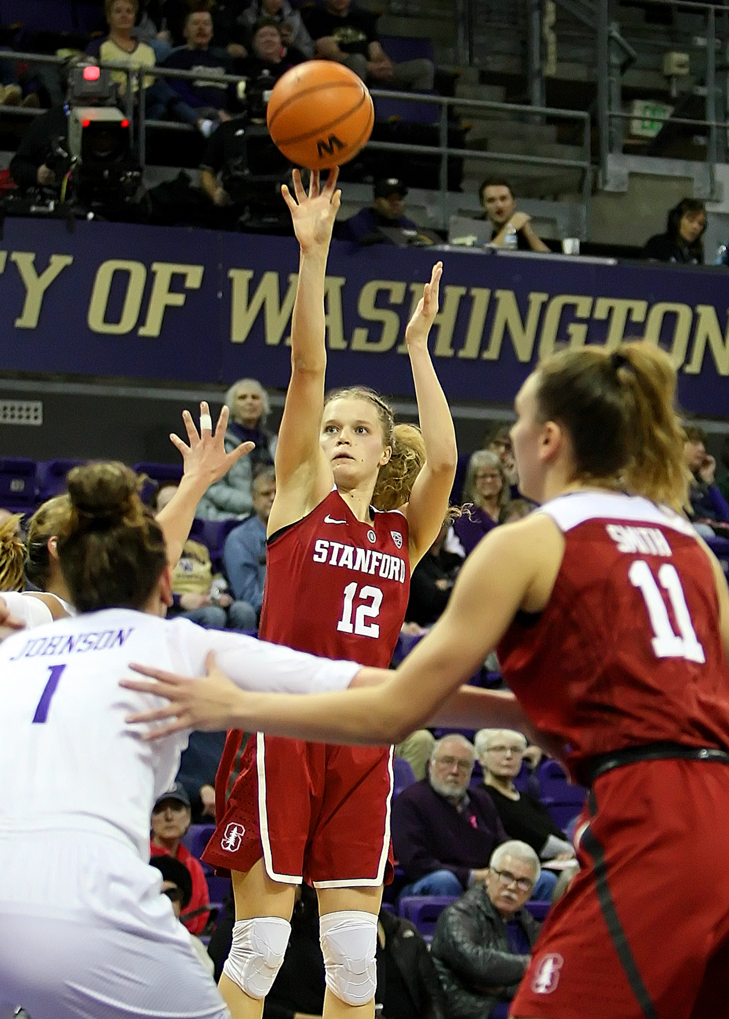 Brittany McPhee of Stanford makes a three pointer