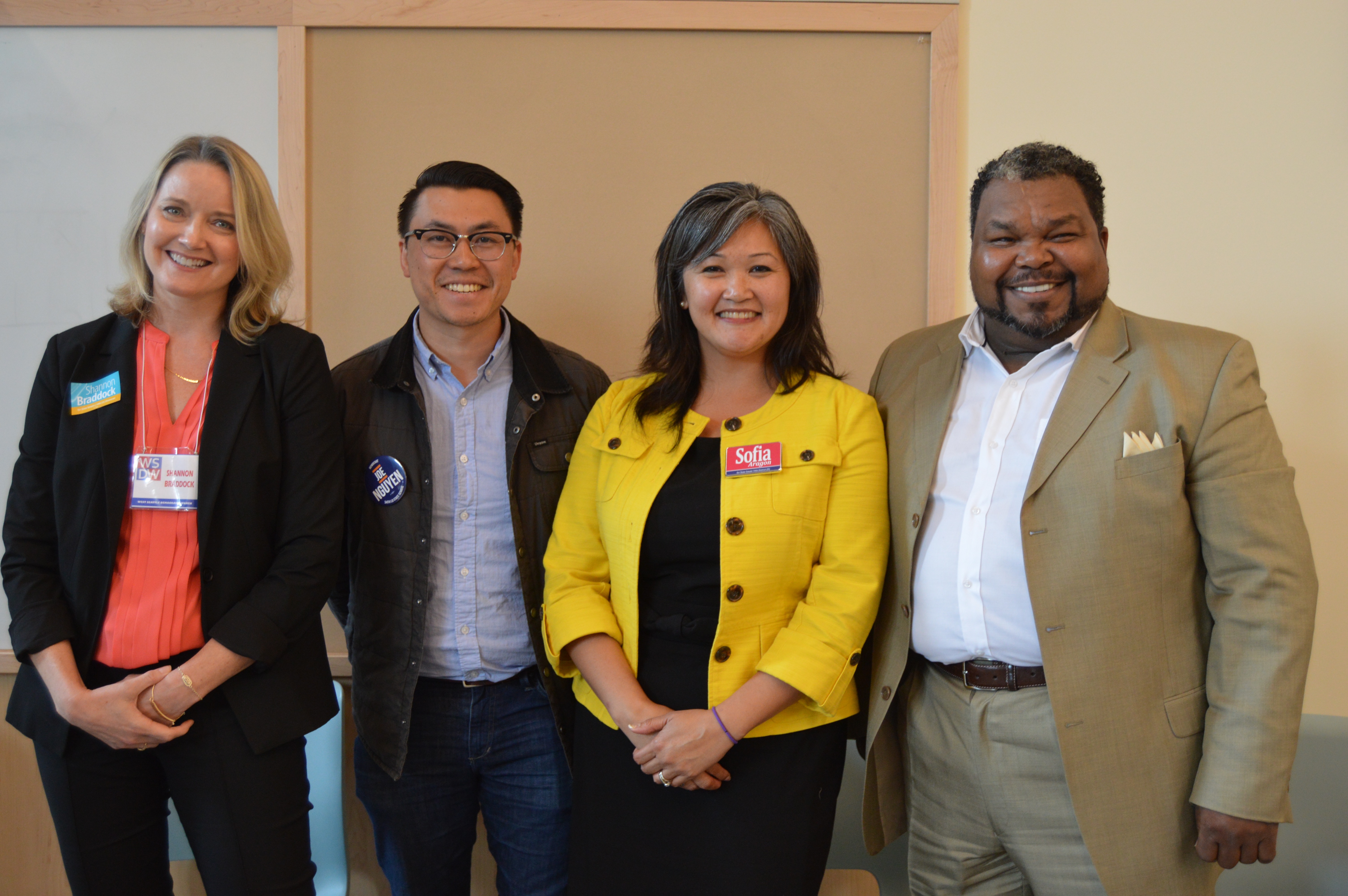 The West Seattle Democratic Women hosted a candidates forum for the state senate primary race, including from left, Shannon Braddock, Joe Nguyen, Sofia Aragon and Lem Charleston. 