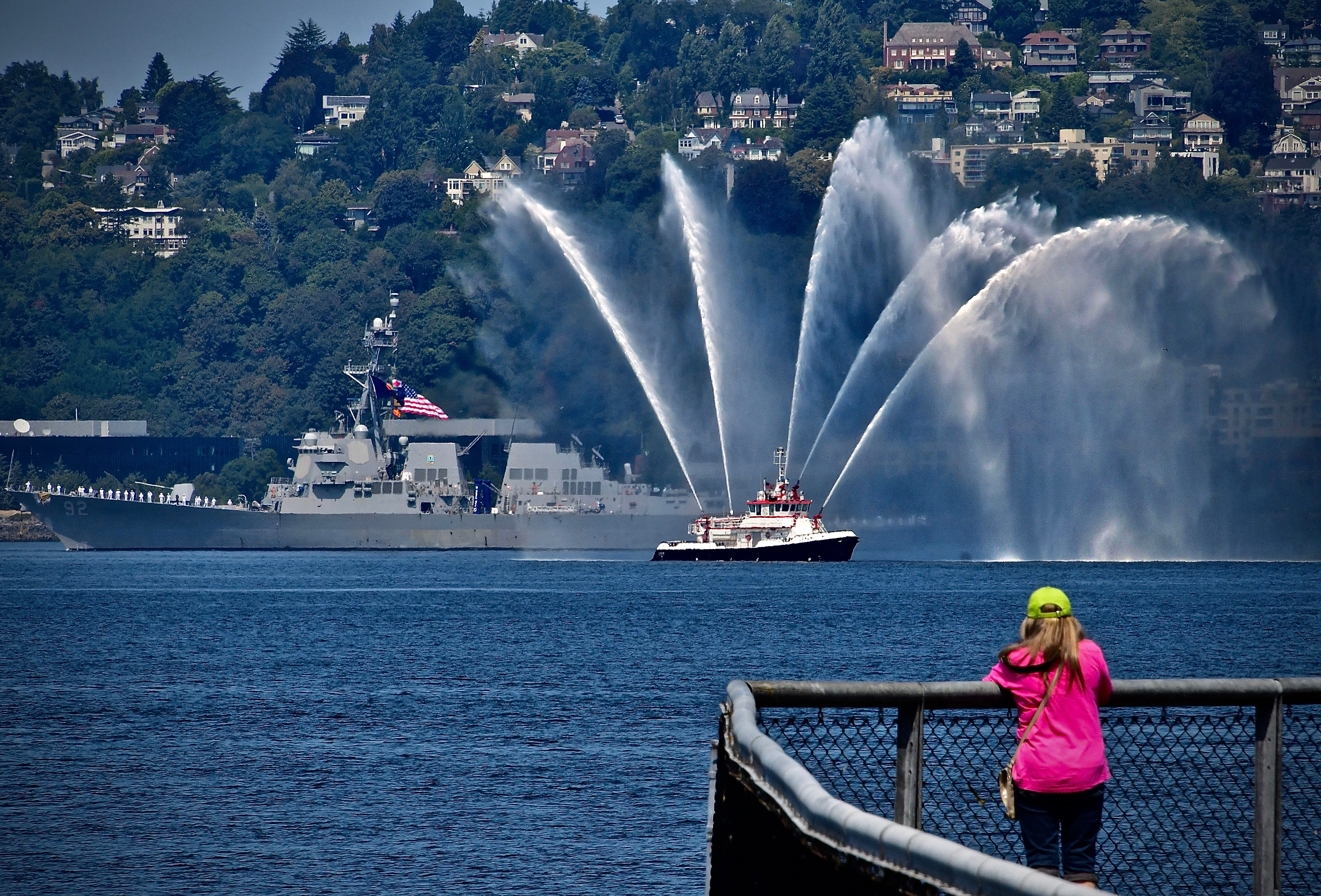 fire boat and Navy Ship during Fleet Week in Seattle