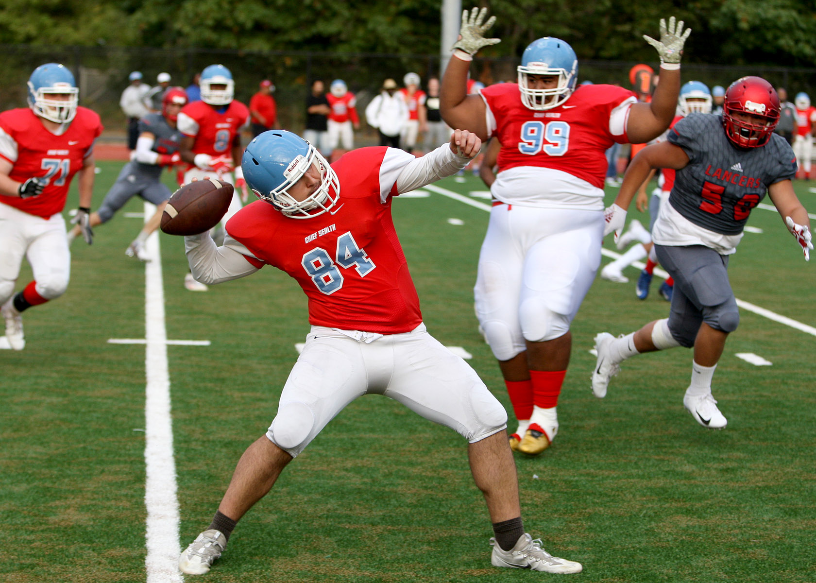 On a double hand off trick play Javier Deltoro of Chief Sealth lets one fly.
