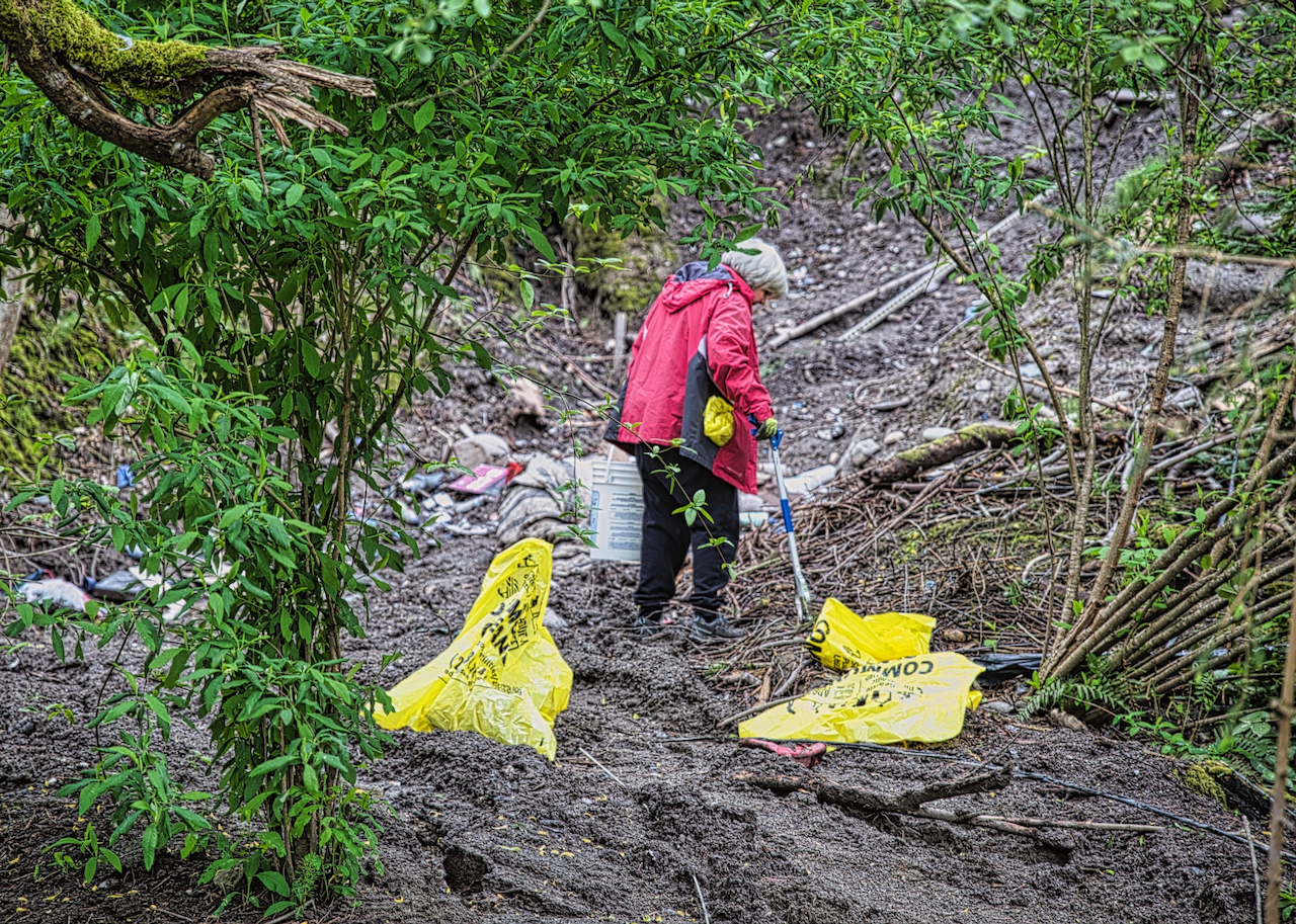 volunteer cleaning up