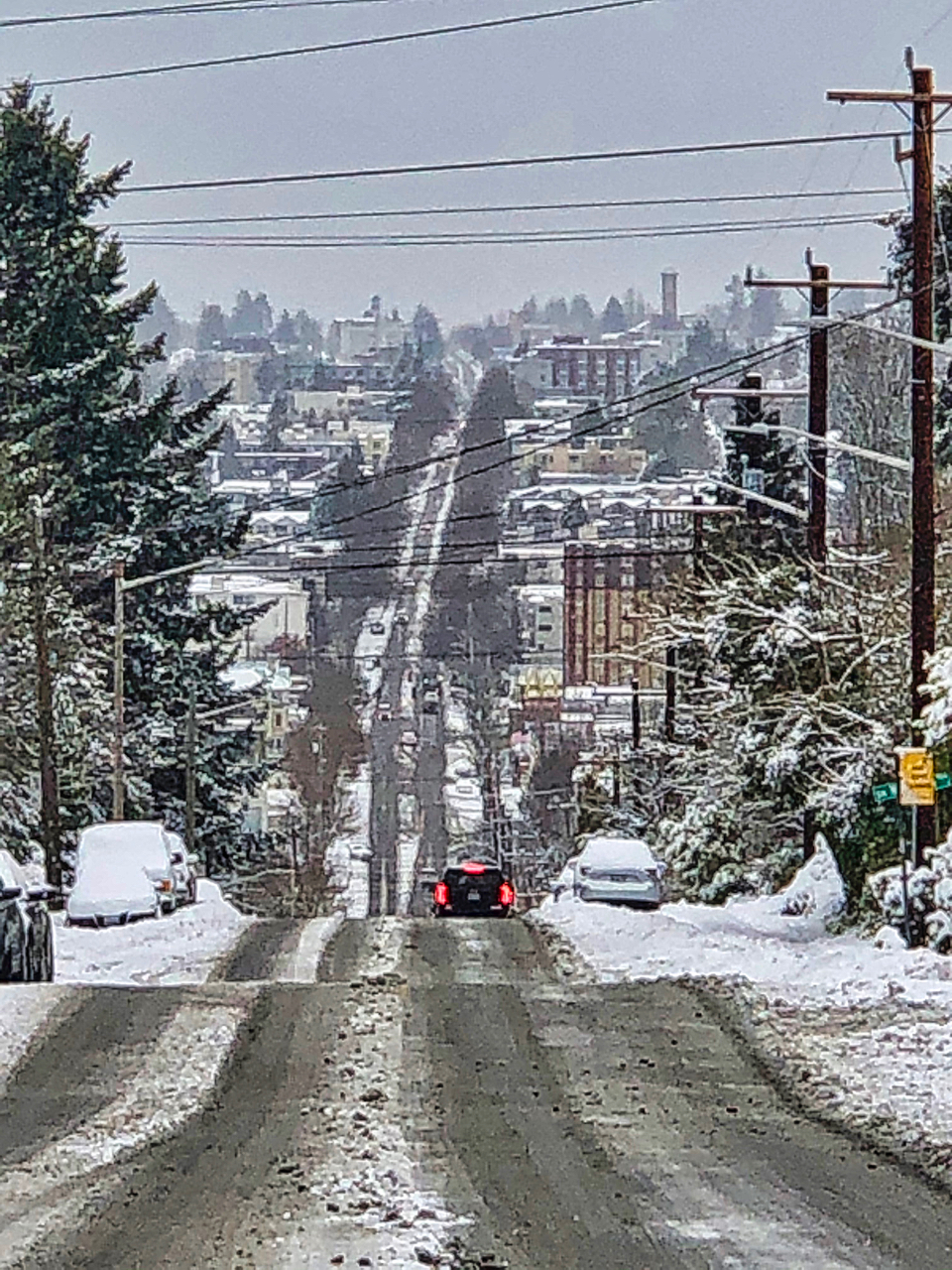 looking north on California Ave SW in the snow