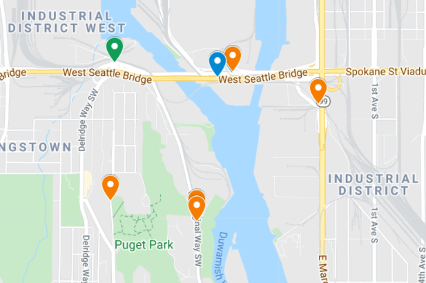 The Reconnect West Seattle project dashboard showing "pins" at each project location.