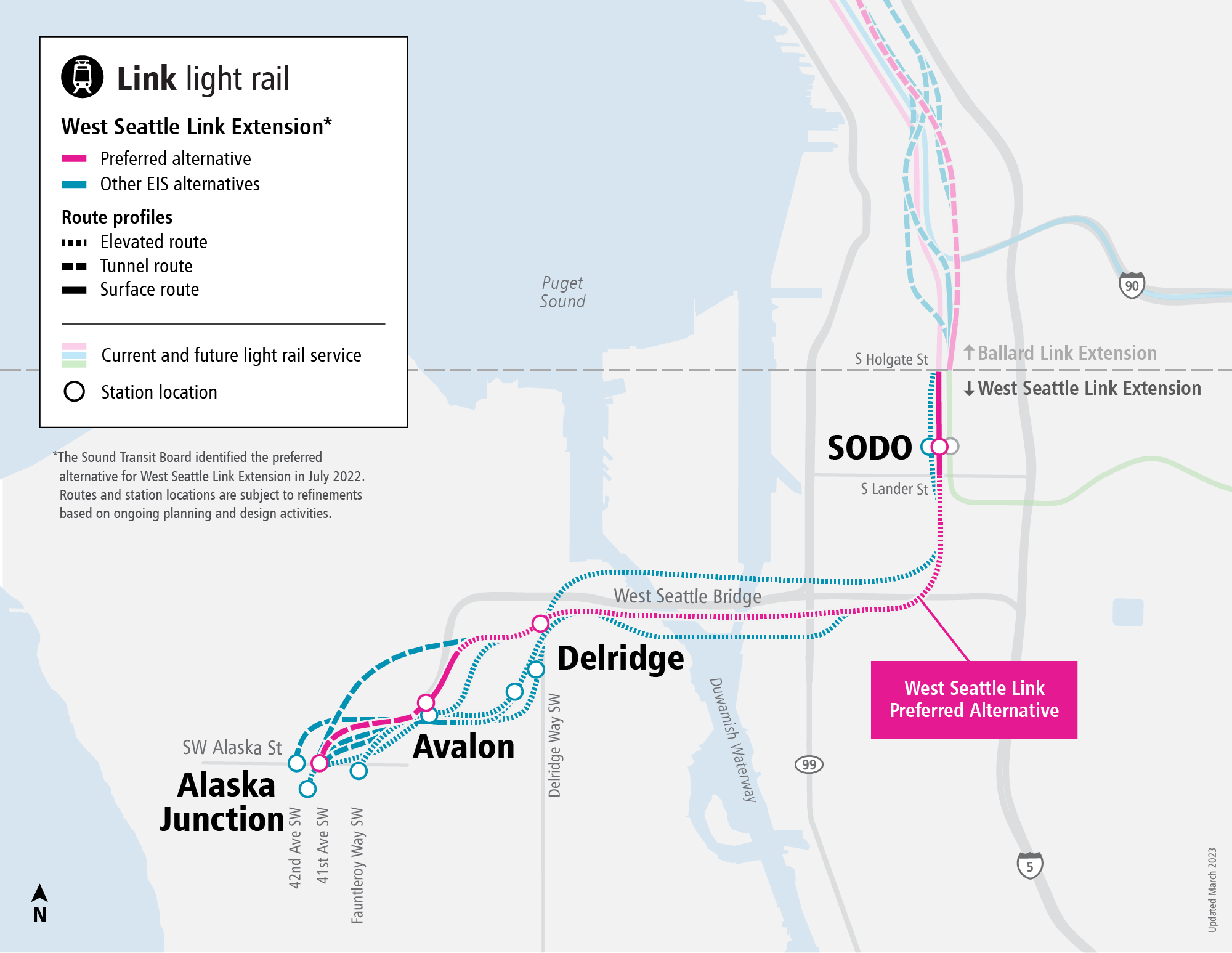 Routes for Link Light Rail to West Seattle
